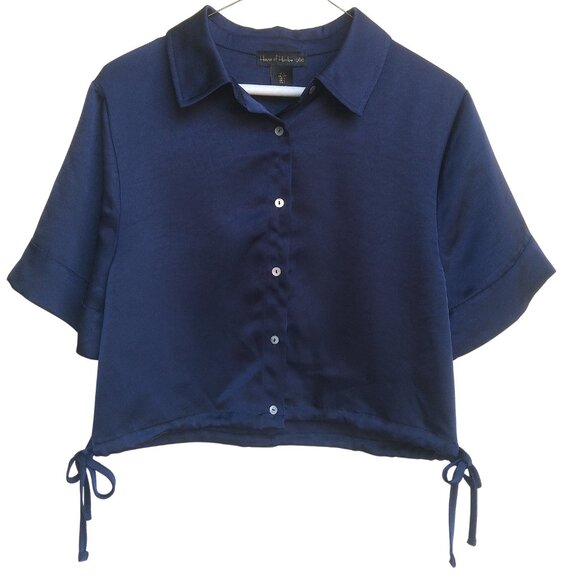 HOUSE OF HARLOW 1960 | NWOT Navy Blue Satin Boxy Button Up Side Tie Crop Top L - Picture 1 of 11
